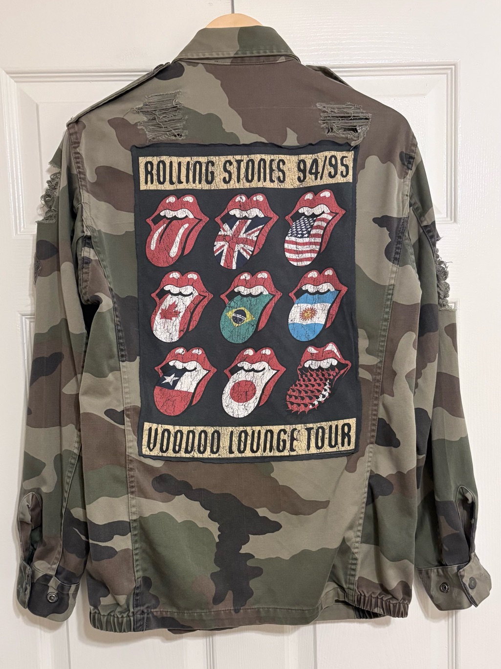 Custom Vintage Upcycled Repurposed Distressed Camo Rolling Stones Utility Jacke — image 2 of 8